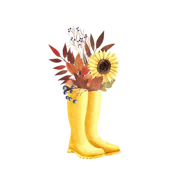 Hand painted watercolor Autumn Bouquet with flowers, leaves and yellow rubber boots.