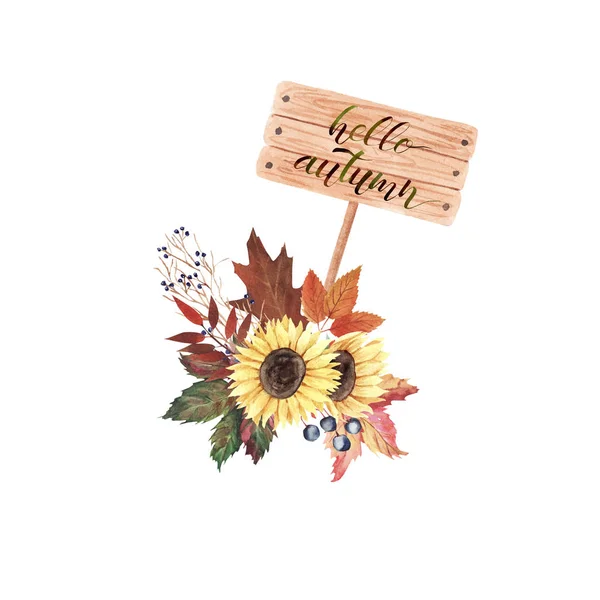 Ręcznie malowane akwarela jesienny bukiet kwiatów, jagód, liści i drewnianej płyty z tekstem Hello Autumn. — Zdjęcie stockowe