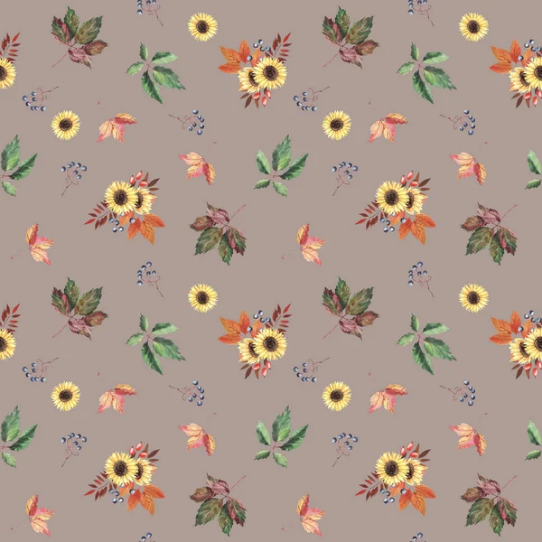Hand painted watercolor seamless pattern with sunflowers, autumn leaves and berries on white background