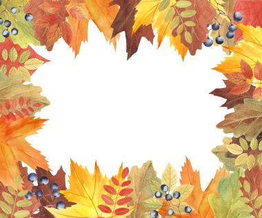 Sonbahar yaprakları ve çilek ile el boyalı suluboya kompozisyon. Yaprakları ile Güzel Sonbahar Buketi.