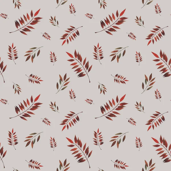 Hand painted watercolor seamless pattern with autumn leaves on gray background.