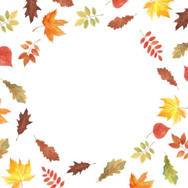 Yaprakları ve meyveleri ile el boyalı suluboya kompozisyon. Yaprakları ile Sonbahar yuvarlak sınır çerçevesi.