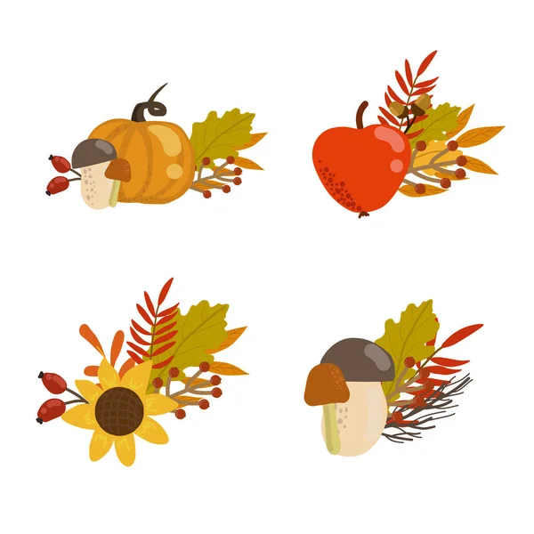 Осенний Букет Тыквой Яблоком Листьями Ягодами Красивая Осенняя Бутоньерка Цветами — стоковый вектор