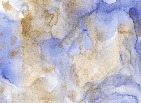 Handgezeichnetes Aquarell gold-blauer Hintergrund. Aquarellwäsche. — Stockfoto