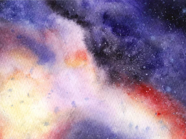 Ručně malovaný abstraktní akvarel vlhký fialový vnější prostor a hvězdy pozadí s skvrnami. — Stock fotografie