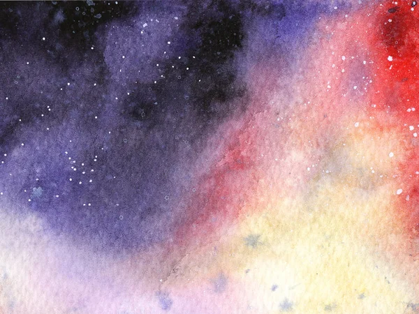 Ručně malovaný abstraktní akvarel vlhký fialový vnější prostor a hvězdy pozadí s skvrnami. — Stock fotografie