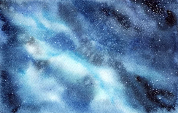 Ručně namalovaná abstraktní akvarel vlhká tyrkysová vnější vesmír a hvězdy pozadí s skvrnami. — Stock fotografie