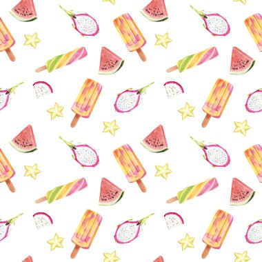 Beyaz arka plan üzerinde Tropikal meyve ve dondurma ile Dikişsiz el çizilmiş Suluboya Deseni.