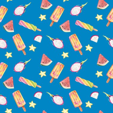 Mavi arka plan üzerinde Tropikal meyve ve dondurma ile Dikişsiz el çizilmiş Suluboya Deseni.