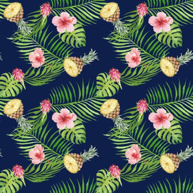 Dikişsiz el suluboya Tropikal Desen çizilmiş. Egzotik meyve, palmiye yaprakları ve mavi arka plan üzerinde ebegümeci çiçek.