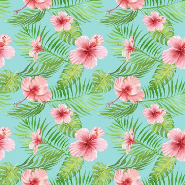 Dikişsiz el suluboya Tropikal Desen çizilmiş. Egzotik ebegümeci çiçek, palmiye ve monstera mavi arka plan üzerinde yaprakları.