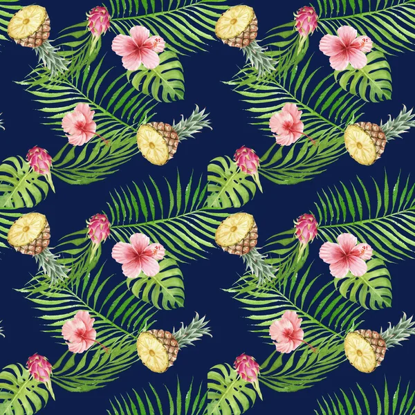 Seamless hand drawn Watercolor Tropical Pattern. Exotic fruits, palm leaves and hibiscus flower on blue background. — Stock Photo, Image