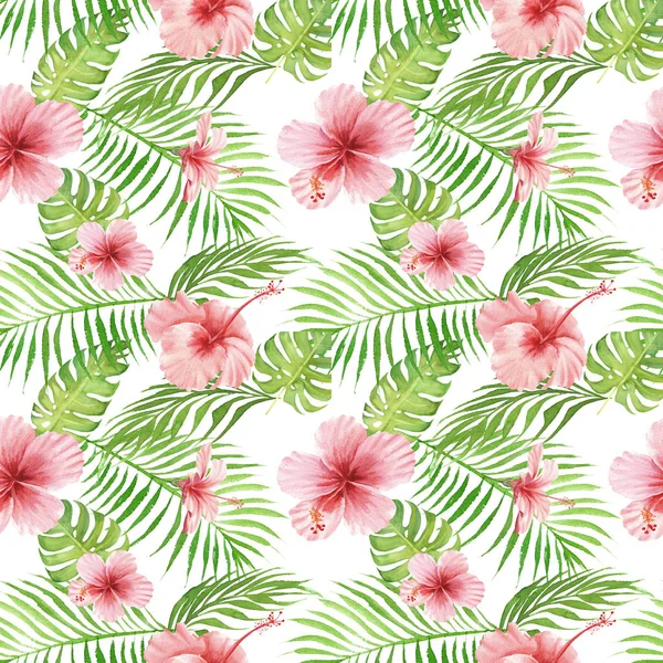 Seamless hand drawn Watercolor Tropical Pattern. Exotic hibiscus flower, palm and monstera leaves on white background. — Stock Photo, Image