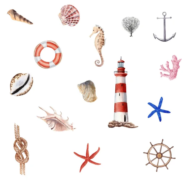 ชุดภาพประกอบทางทะเลสีน้ําวาดด้วยมือ Anchor, Knot, ประภาคารและเปลือกหอยทะเลแยกกันบนพื้นหลังสีขาว . — ภาพถ่ายสต็อก