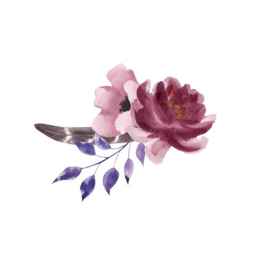 Yaprak ve çiçekler ile el boyaması suluboya kompozisyon.