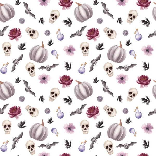 Disegnato a mano Acquerello Halloween modello senza cuciture con teschio umano, fiori, pipistrello e zucca su sfondo bianco . — Foto Stock