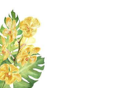 el boyalı suluboya kenar çerçeve yeşil tropikal yaprakları ve çiçekleri.