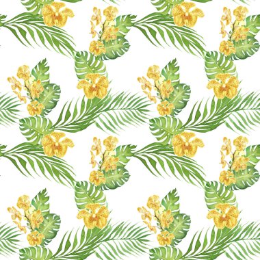 beyaz sarı orkide çiçek ve yeşil monstera yaprakları ile el çizilmiş suluboya çiçek tropikal dikişsiz desen