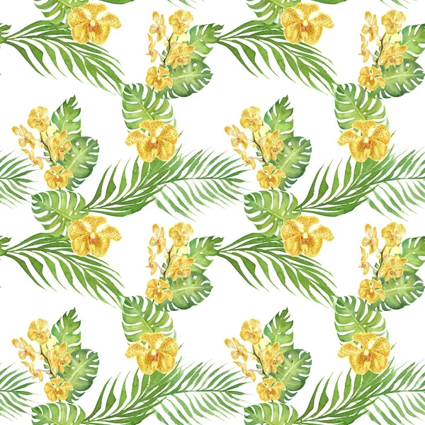 Ручний намальований акварельний квітковий тропічний безшовний візерунок з жовтою квіткою орхідей та зеленим листом монстрів на білому — стокове фото