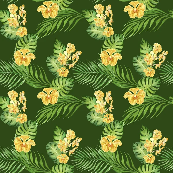 Handritad akvarell blommig tropisk sömlös mönster med gul orkidé blomma och gröna monstera blad på grön — Stockfoto