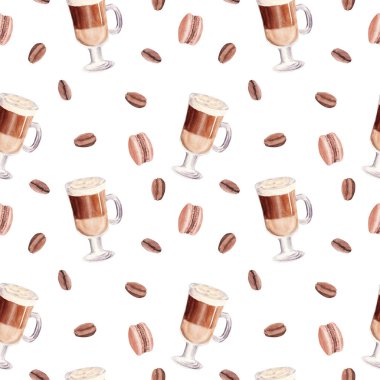 Elle boyanmış kahve fincanı kusursuz desenli. Bir bardak çikolatalı kahve, badem kurabiyesi ve kahve çekirdeği..