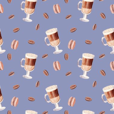 Elle boyanmış kahve fincanı kusursuz desenli. Bir bardak çikolatalı kahve, badem kurabiyesi ve kahve çekirdeği..