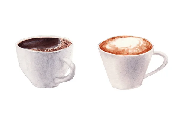 Рука малювала Сет з чашкою кави, капучино і шоколадною кавою, ізольованою на білому тлі.. — стокове фото
