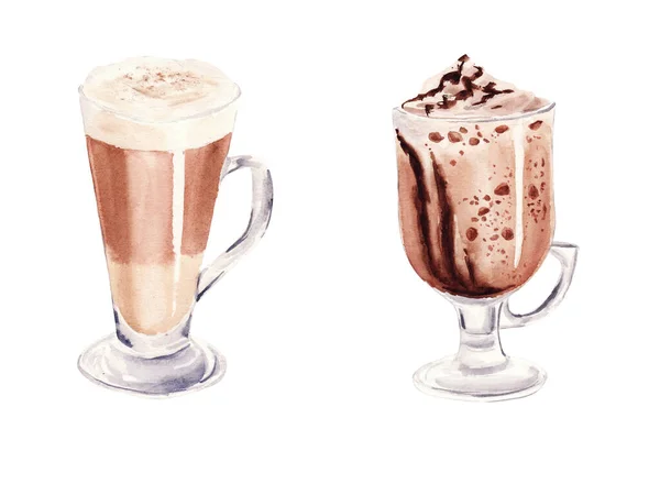 Handbemaltes Set mit einer Tasse Kaffee-Latte und einem Glas Schokolade-Mokka-Kaffee isoliert auf weißem Hintergrund. — Stockfoto