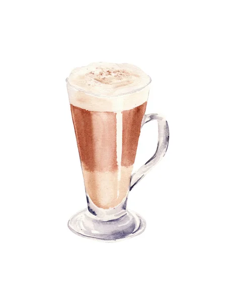 Hand bemalte Tasse Kaffee Latte. Glas Schokoladen-Mokka-Kaffee. Aquarellillustration. — Stockfoto
