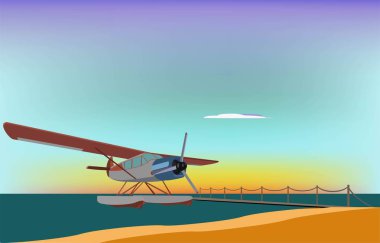 Deniz uçağı gün batımında iskelenin yanında su üzerinde, vektör illüstrasyon