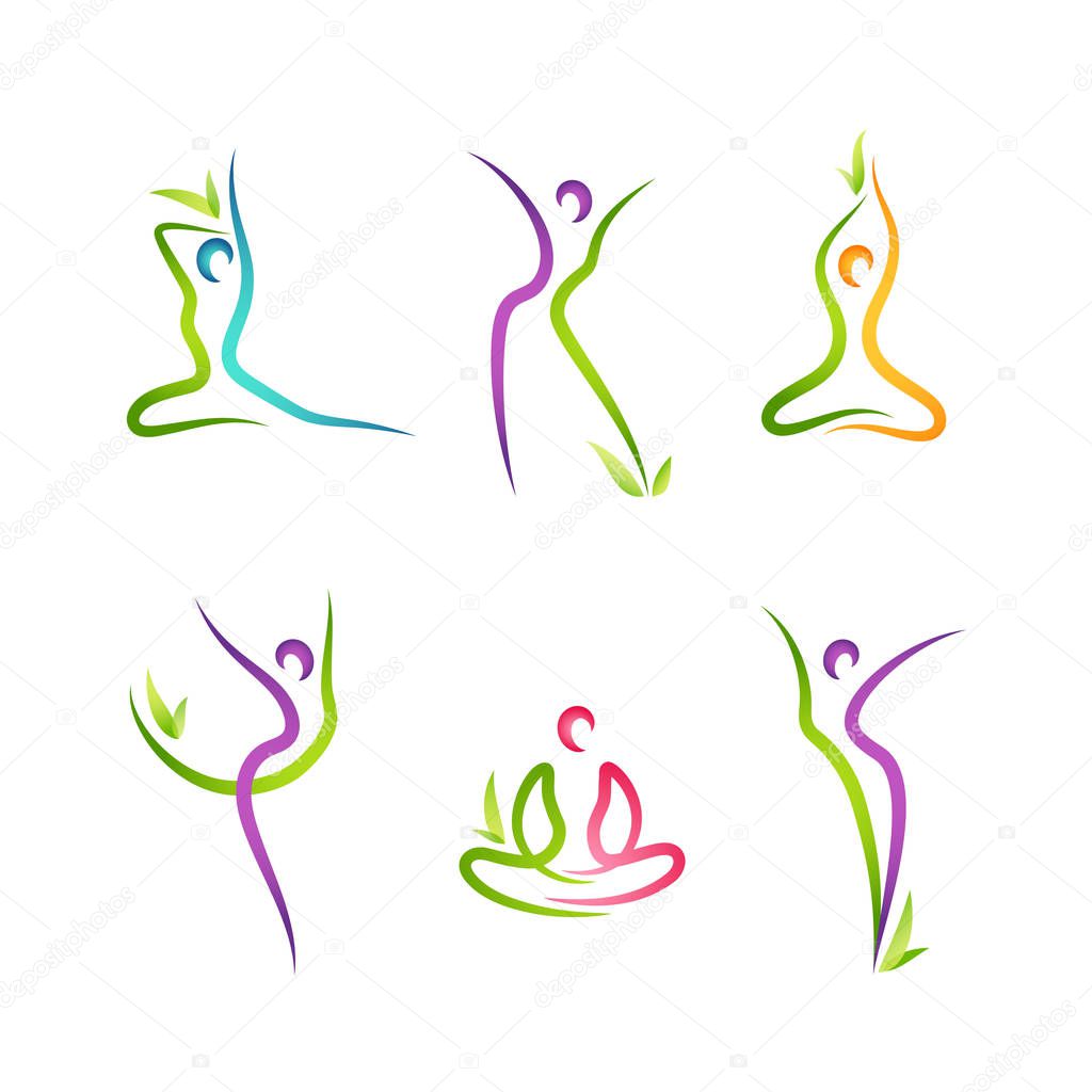 Vector set of 6 colorful figures with plant elements