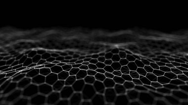 Geleceğin kara altıgen arka planı. Gelecekçi bal peteği konsepti. Parçacık dalgası. 3B görüntüleme.