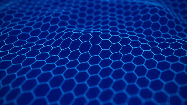 未来的な青六角形の背景。未来的なハニカムコンセプト。粒子の波。3Dレンダリング. — ストック写真