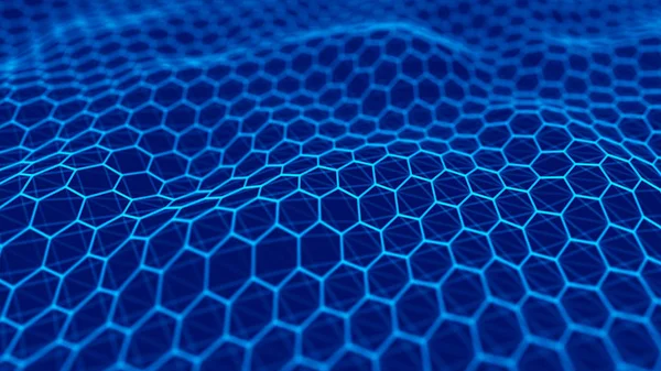 Futuristiska blå hexagon bakgrund. Futuristiska honeycomb koncept. Vinka med partiklar. 3D-rendering. — Stockfoto