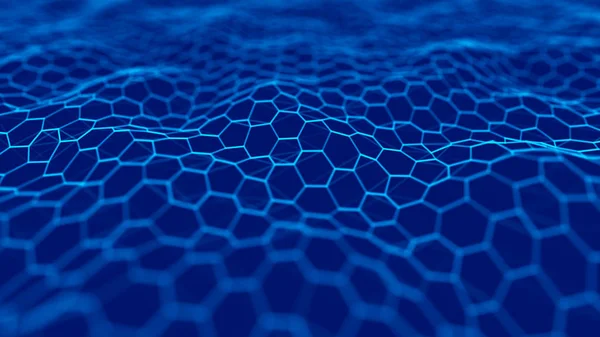 Futuristico sfondo esagonale blu. Futuristico concetto a nido d'ape. Ondata di particelle. Rendering 3D. — Foto Stock