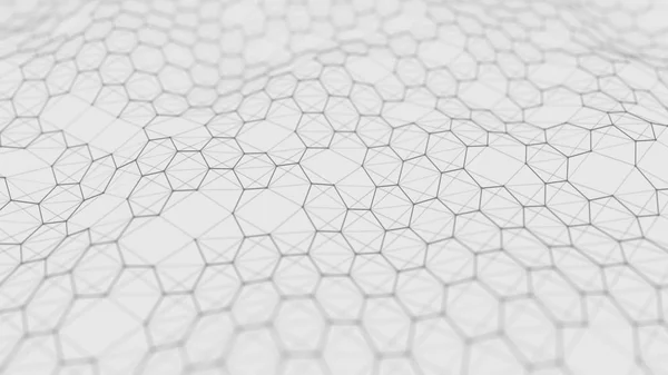 Futuristic white hexagon background. Futuristic honeycomb concept. Wave of particles. 3D rendering.