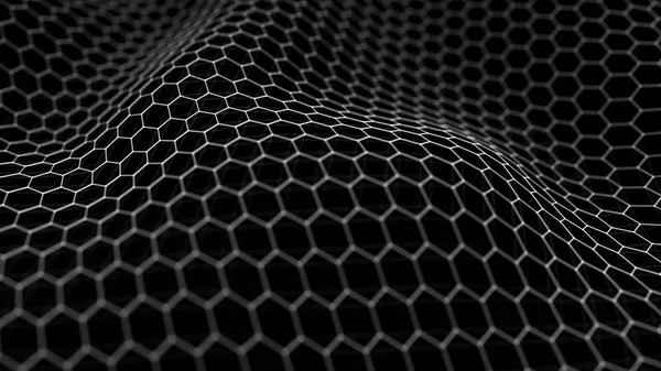 Futuristické černé hexagon pozadí. Futuristický koncept plástve. Vlna částic. 3D vykreslování. — Stock fotografie
