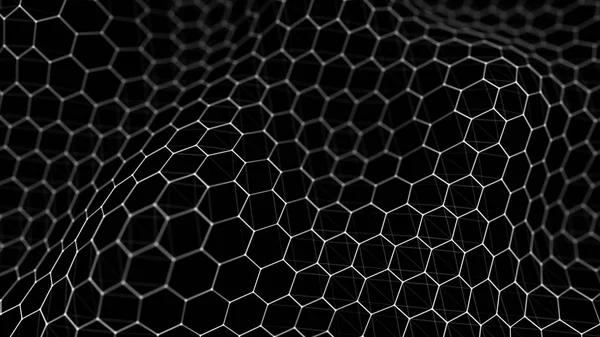 Futuristic black hexagon background. Futuristic honeycomb concept. Wave of particles. 3D rendering.