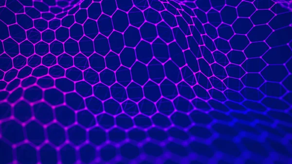 Futurisztikus kék hatszög háttér. Futurisztikus méhsejt-koncepció. Részecskék hulláma. 3D renderelés. — Stock Fotó