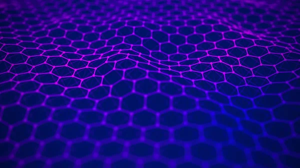Futurisztikus kék hatszög háttér. Futurisztikus méhsejt-koncepció. Részecskék hulláma. 3D renderelés. — Stock Fotó
