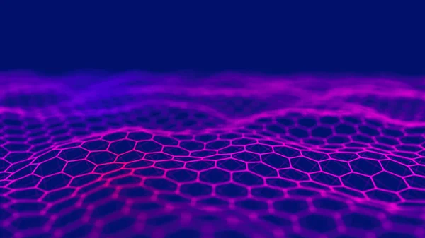 未来的蓝色六边形背景。未来派蜂窝概念。粒子的波涛3D渲染. — 图库照片