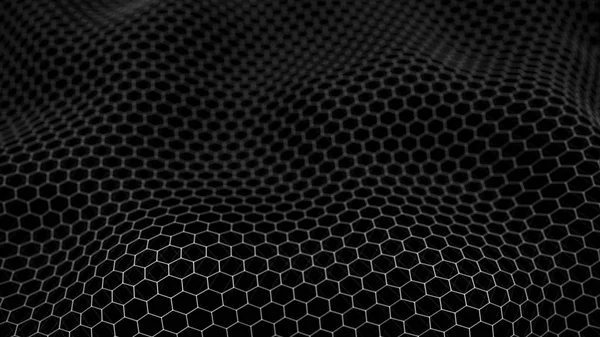 Futuristic black hexagon background. Futuristic honeycomb concept. Wave of particles. 3D rendering.