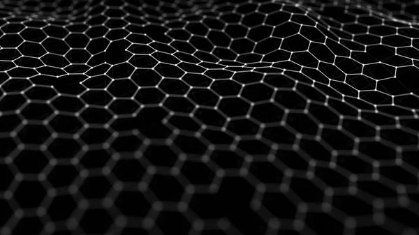 Futuristic black hexagon background. Futuristic honeycomb concept. Wave of particles. 3D rendering.