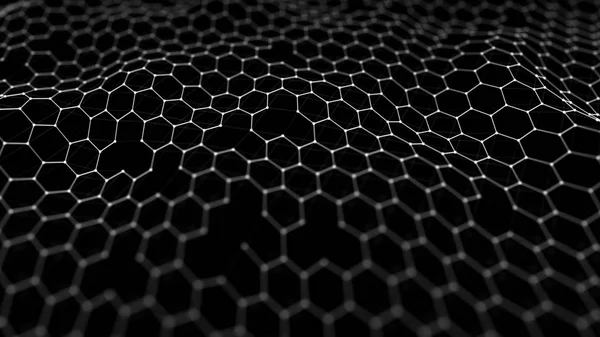 Futuristiska svart hexagon bakgrund. Futuristiska honeycomb koncept. Vinka med partiklar. 3D-rendering. — Stockfoto
