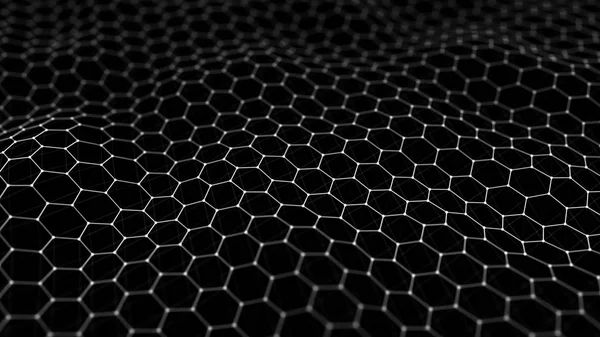 Futuristic black hexagon background. Futuristic honeycomb concept. Wave of particles. 3D rendering.