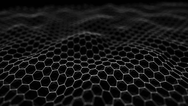 Futurystyczne czarne tło sześciokąta. Futurystyczna koncepcja plastra miodu. Fala cząsteczek. Renderowanie 3D. — Zdjęcie stockowe