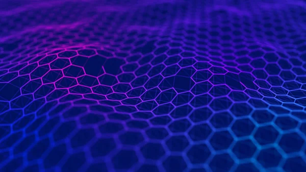 Futuristiska blå hexagon bakgrund. Futuristiska honeycomb koncept. Vinka med partiklar. 3D-rendering. — Stockfoto