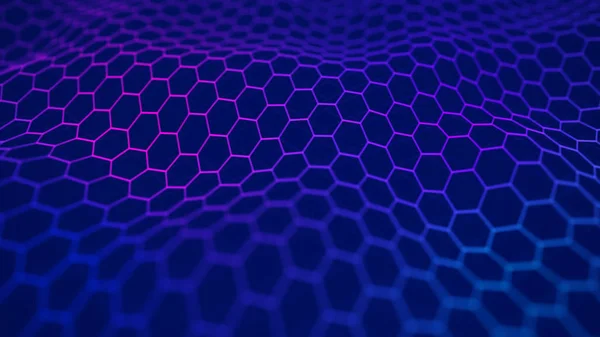 Futuristico sfondo esagonale blu. Futuristico concetto a nido d'ape. Ondata di particelle. Rendering 3D. — Foto Stock