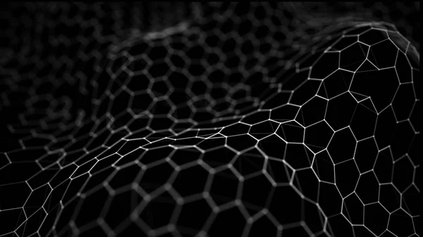 Fondo de hexágono negro futurista. Concepto futurista de panal. Ola de partículas. Renderizado 3D. —  Fotos de Stock
