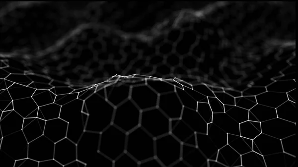 Futuristic black hexagon background. Futuristic honeycomb concept. Wave of particles. 3D rendering.